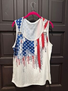 NWOT Patriotic American Flag Muscle Tee with Ring Detail - White/Blue/Red